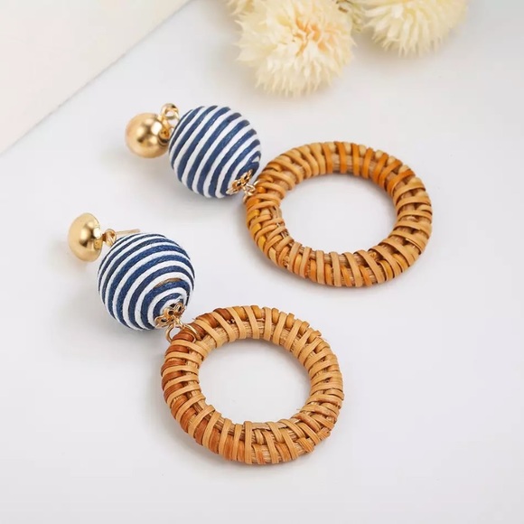 Jewelry - Host Pick! Straw hoop & navy striped ball earrings